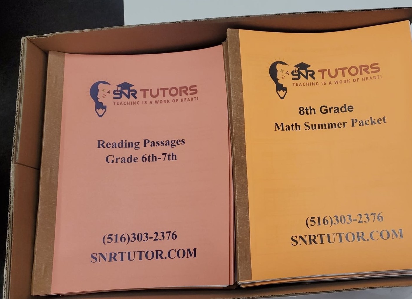 SNR Tutors custom subject workbooks, including a Reading Passages packet and an 8th Grade Math Summer Packet